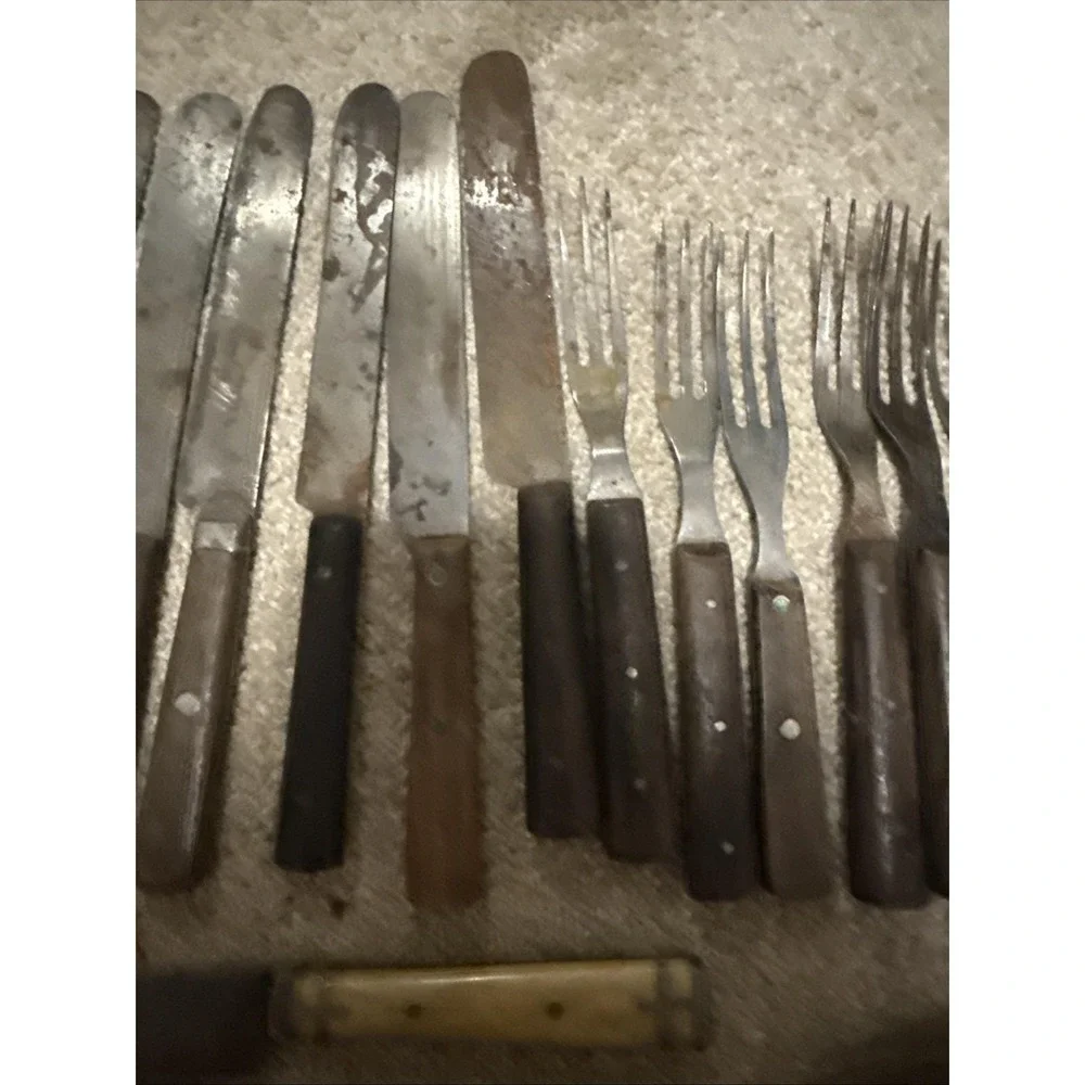 Antique 28 Forks Knives Civil War 1800s Wood Bone Handles Primitive Reenactment